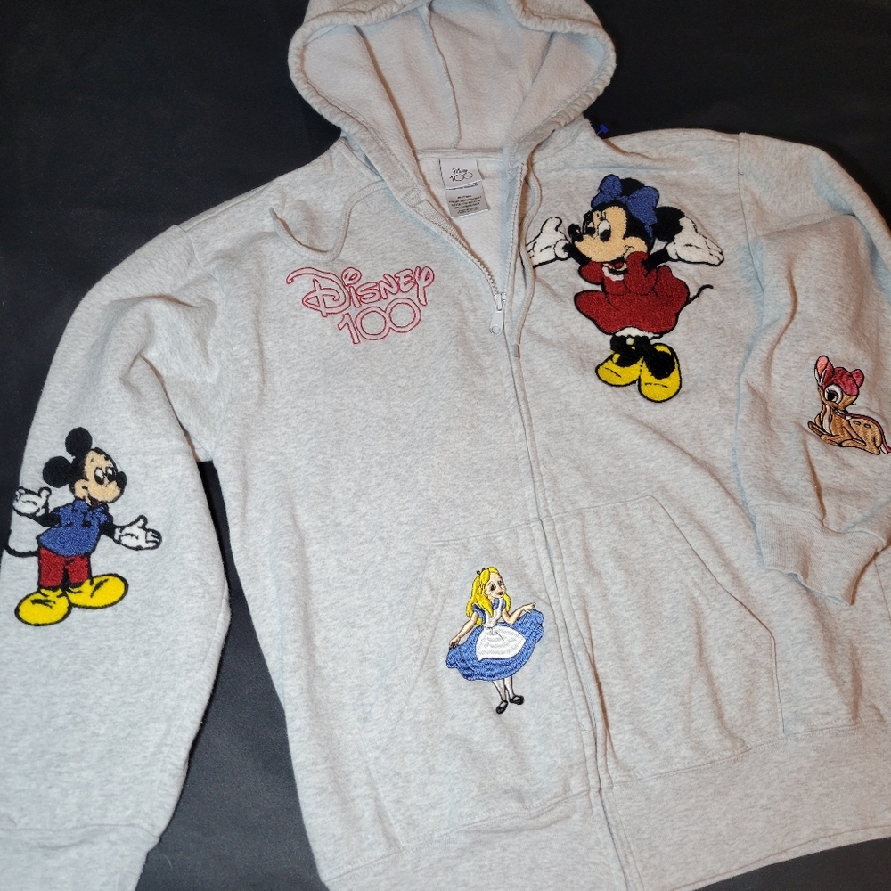 Disney Hoodie Mickey Minnie Bambi Alice In Wonderland Patches Gray Women's Small